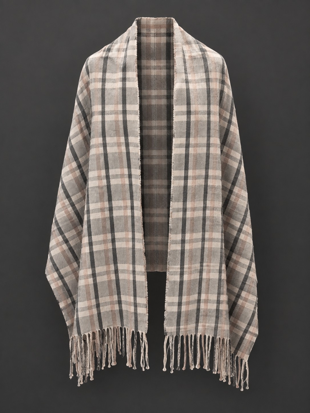 Plaid Fringe Open Shawl Coatigan in Beige and Gray